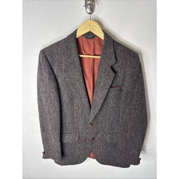 Vintage Harris Tweed Handwoven Herringbone Wool Blazer Brown Men 38 Scottish - Picture 1 of 10